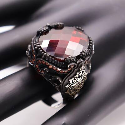 AgaKulche Silver Men's Red Stone Damask Pattern Ring - 2