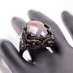 AgaKulche Silver Men's Red Stone Damask Pattern Ring - 3