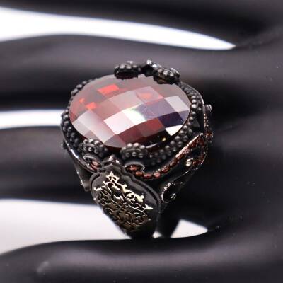 AgaKulche Silver Men's Red Stone Damask Pattern Ring - 4