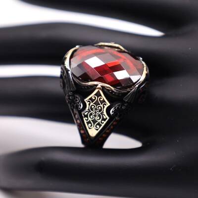 AgaKulche Silver Men's Red Stone Double Spear Ring - 2